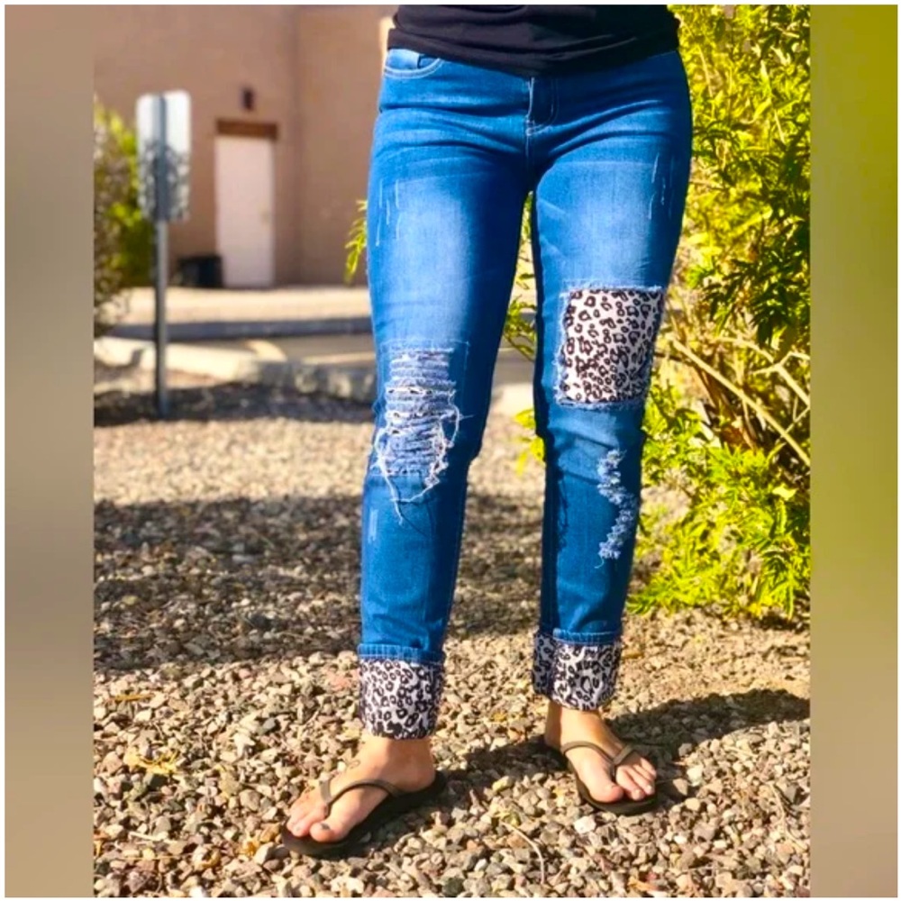 L&B Blue Distressed Jeans with Leopard Patch & Cuff